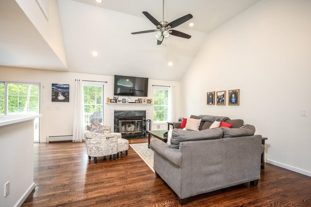 5692 Rte 82, Clinton Corners, NY 12514 - living room featuring baseboard heating, a fireplace, dark wood-style floors, ceiling fan, and high vaulted ceiling