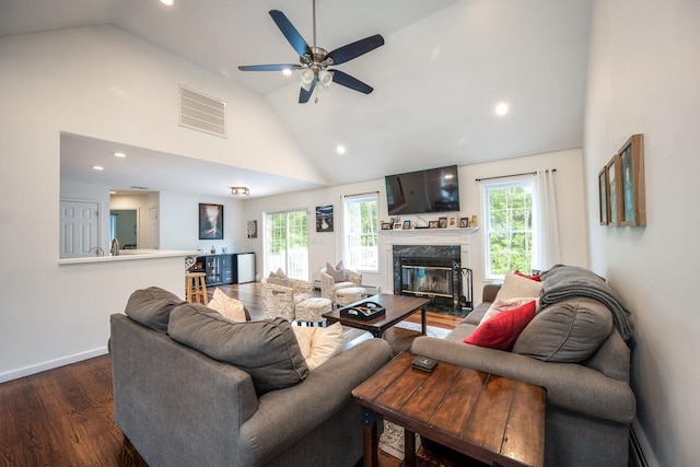 5692 Rte 82, Clinton Corners, NY 12514 - living room featuring healthy amount of natural light, dark wood-style floors, a ceiling fan, recessed lighting, and a high end fireplace