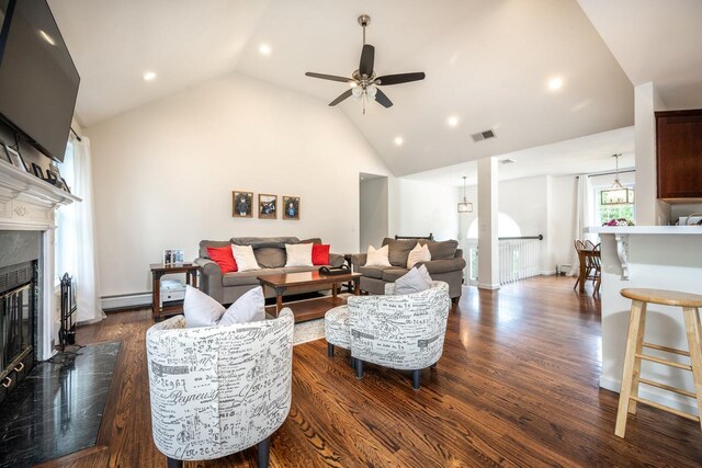 5692 Rte 82, Clinton Corners, NY 12514 - living area with baseboard heating, a fireplace, dark wood-style floors, a ceiling fan, and recessed lighting