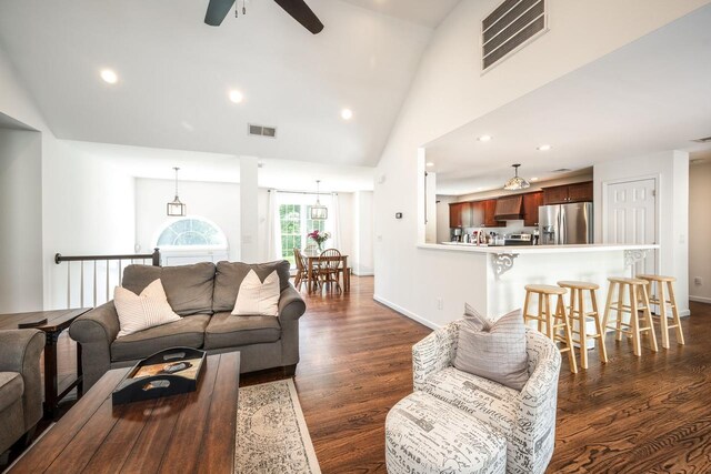 5692 Rte 82, Clinton Corners, NY 12514 - living room featuring a ceiling fan, dark wood-style floors, recessed lighting, high vaulted ceiling, and baseboards