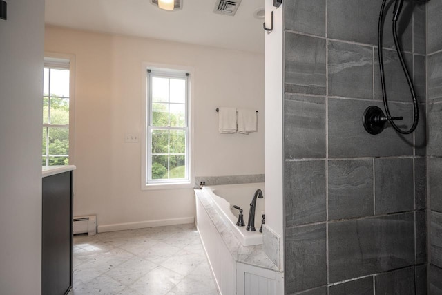 5692 Rte 82, Clinton Corners, NY 12514 - full bathroom with a bath, a baseboard radiator, baseboards, and tiled shower