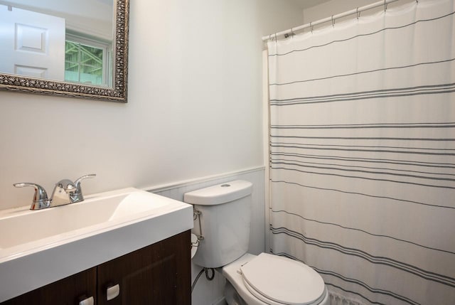 5692 Rte 82, Clinton Corners, NY 12514 - bathroom featuring wainscoting, toilet, vanity, and curtained shower
