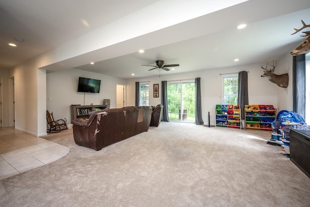 5692 Rte 82, Clinton Corners, NY 12514 - living area with light carpet, recessed lighting, and a ceiling fan