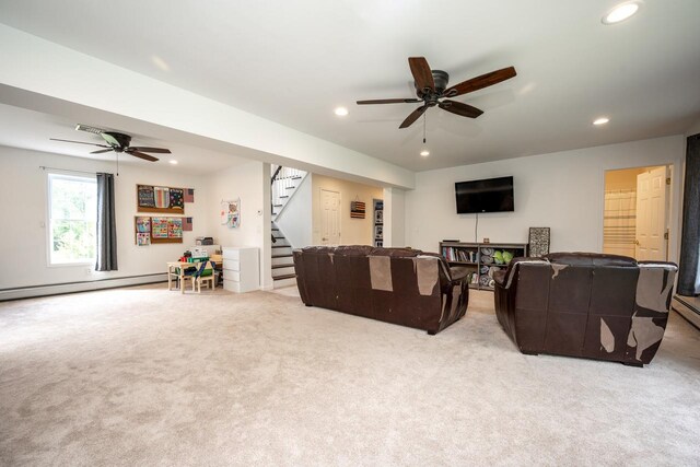 5692 Rte 82, Clinton Corners, NY 12514 - carpeted living room featuring a baseboard radiator, stairway, recessed lighting, and a ceiling fan
