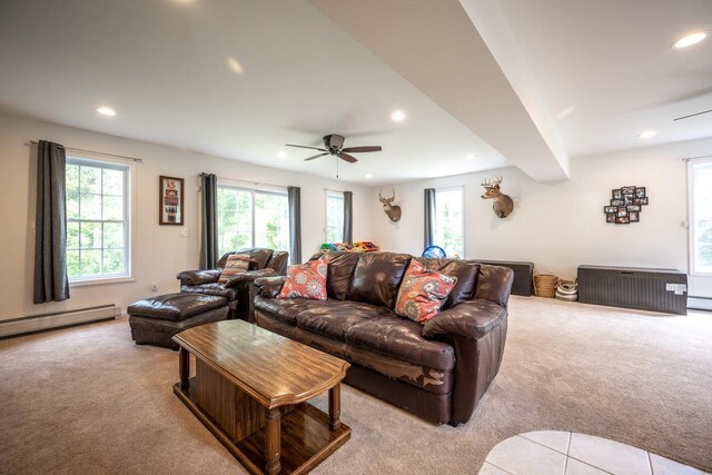 5692 Rte 82, Clinton Corners, NY 12514 - living area featuring carpet, recessed lighting, a ceiling fan, and a baseboard heating unit