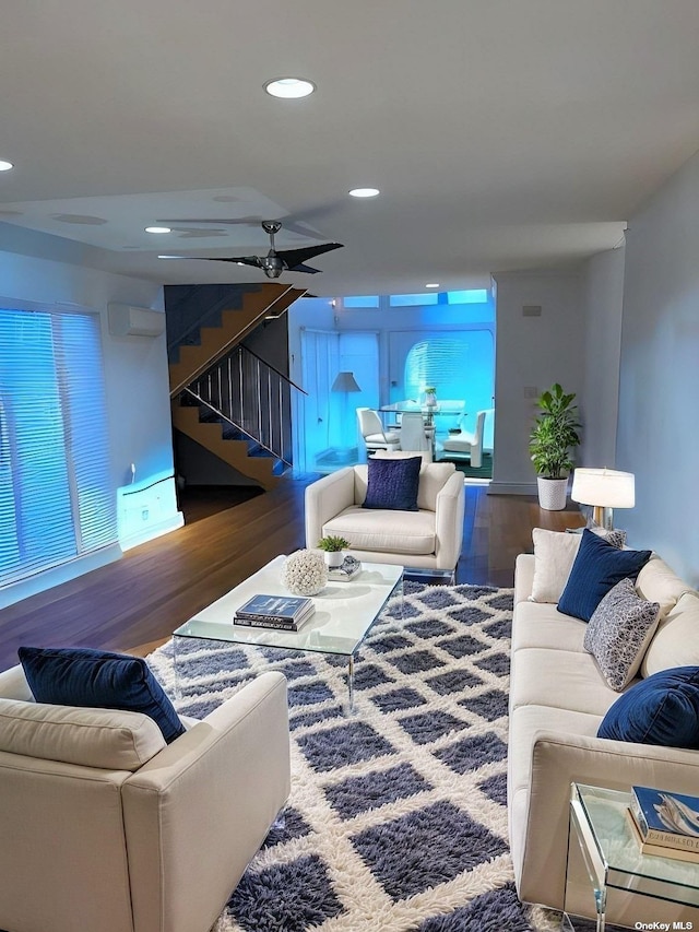 738 Shore Walk, Lindenhurst, NY 11757 - living room with stairway, wood finished floors, recessed lighting, a ceiling fan, and a wall mounted AC