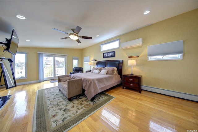 738 Shore Walk, Lindenhurst, NY 11757 - bedroom featuring a wall mounted air conditioner, light wood-style floors, baseboards, ceiling fan, and recessed lighting