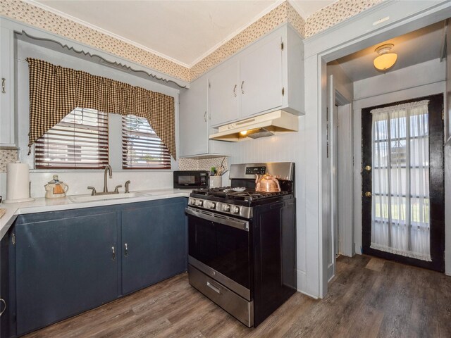 2 Mitchell Ave, Poughkeepsie, NY 12603 - kitchen featuring gas range, a sink, under cabinet range hood, dark wood-style flooring, and light countertops