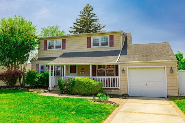 30 Jean Dr, North Babylon, NY 11703 - view of front of home with covered porch, an attached garage, a front yard, driveway, and a shingled roof