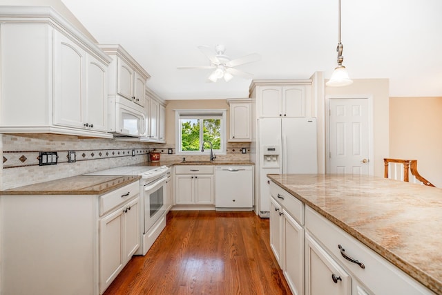 15 W Granada Ave, Lindenhurst, NY 11757 - kitchen featuring white appliances, a sink, dark wood finished floors, backsplash, and ceiling fan