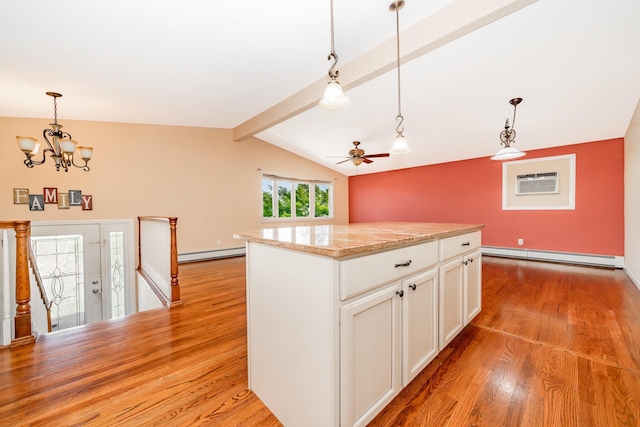 15 W Granada Ave, Lindenhurst, NY 11757 - kitchen featuring a baseboard radiator, a baseboard heating unit, light wood-style flooring, a chandelier, and white cabinets