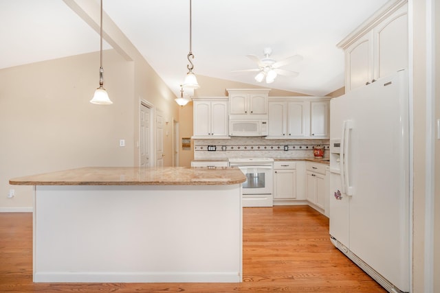 15 W Granada Ave, Lindenhurst, NY 11757 - kitchen with white appliances, ceiling fan, backsplash, a center island, and light wood-type flooring