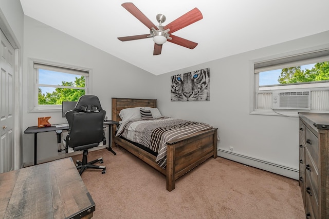 15 W Granada Ave, Lindenhurst, NY 11757 - bedroom with a baseboard radiator, vaulted ceiling, light carpet, multiple windows, and ceiling fan