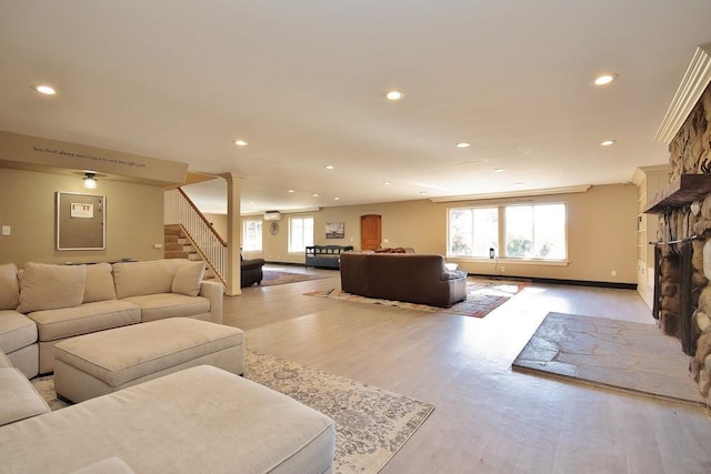 237 Hynes Rd, Poughquag, NY 12570 - living area featuring recessed lighting, stairway, light wood-style flooring, a fireplace, and baseboards