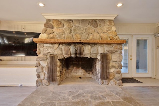 237 Hynes Rd, Poughquag, NY 12570 - detailed view of a stone fireplace, crown molding, and wood finished floors
