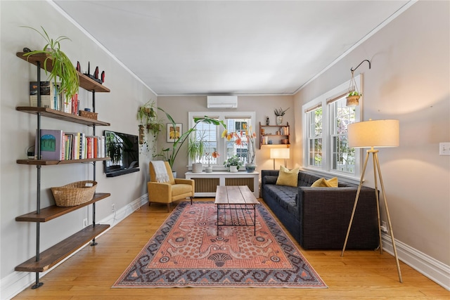 27 Luzern Rd, Dobbs Ferry, NY 10522 - living area featuring radiator heating unit, ornamental molding, an AC wall unit, wood finished floors, and baseboards