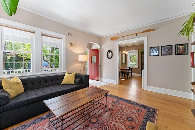 27 Luzern Rd, Dobbs Ferry, NY 10522 - living room featuring arched walkways, wood finished floors, baseboards, and ornamental molding