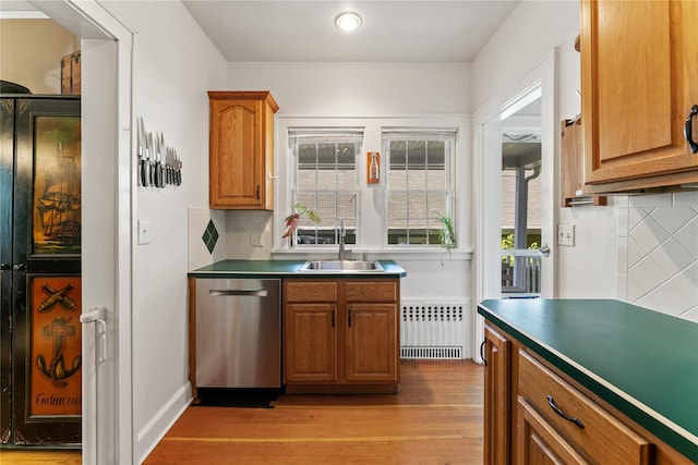 27 Luzern Rd, Dobbs Ferry, NY 10522 - kitchen with stainless steel dishwasher, radiator heating unit, light wood-type flooring, backsplash, and brown cabinetry