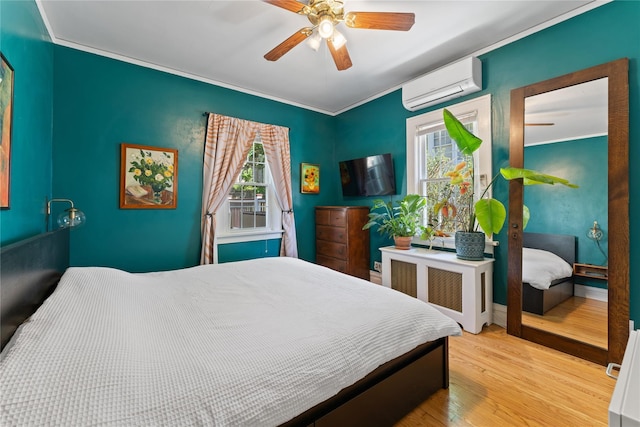 27 Luzern Rd, Dobbs Ferry, NY 10522 - bedroom with an AC wall unit, wood finished floors, ornamental molding, and a ceiling fan
