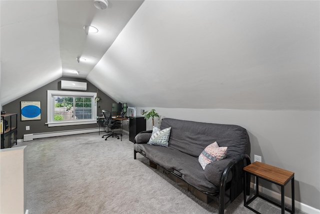 27 Luzern Rd, Dobbs Ferry, NY 10522 - office area featuring an AC wall unit, baseboard heating, vaulted ceiling, carpet, and baseboards