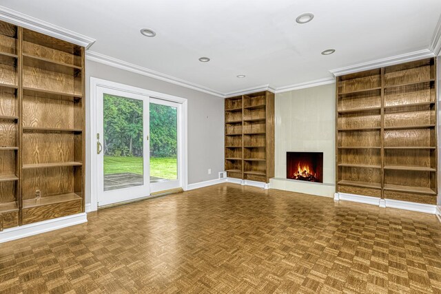 1 Lodi Ln, Monsey, NY 10952 - unfurnished living room featuring baseboards, a large fireplace, built in shelves, ornamental molding, and recessed lighting