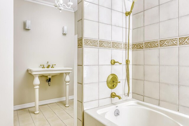 1 Lodi Ln, Monsey, NY 10952 - bathroom featuring tile patterned flooring, ornamental molding, shower / bath combination, baseboards, and a chandelier
