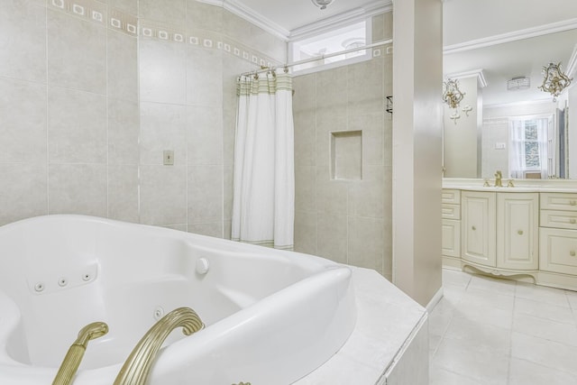 1 Lodi Ln, Monsey, NY 10952 - full bath featuring a whirlpool tub, crown molding, tile patterned floors, vanity, and tile walls