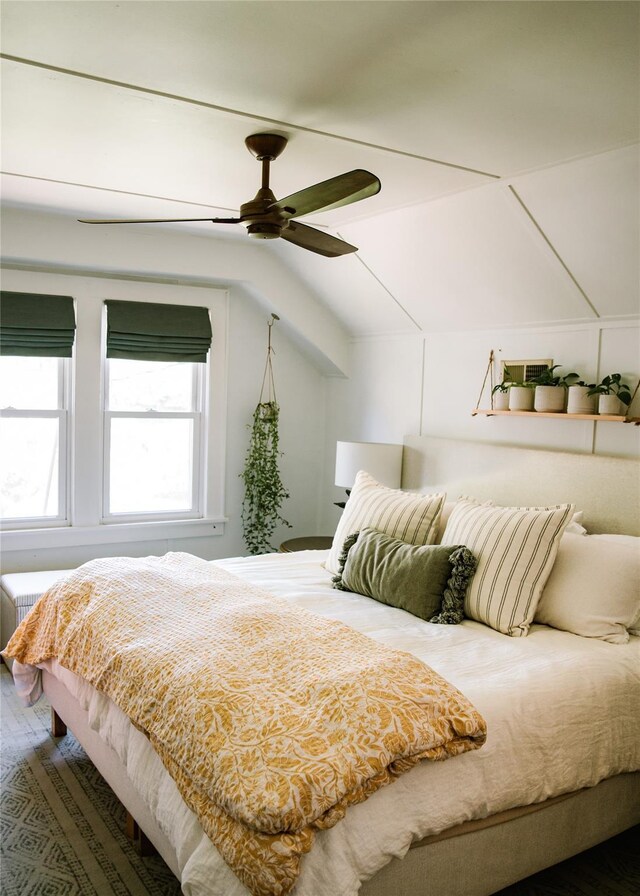222 Lakeside Rd, Newburgh, NY 12550 - bedroom featuring lofted ceiling, a ceiling fan, and wood finished floors