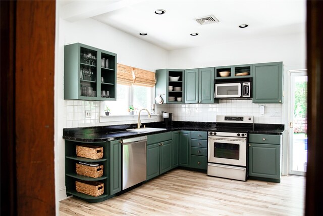 222 Lakeside Rd, Newburgh, NY 12550 - kitchen with open shelves, green cabinetry, stainless steel appliances, a sink, and recessed lighting