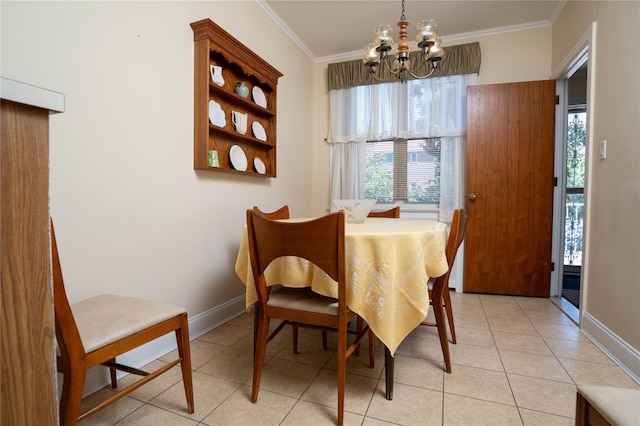 28-06 34th Ave, Astoria, NY 11106 - dining area with a chandelier, healthy amount of natural light, light tile patterned floors, baseboards, and crown molding