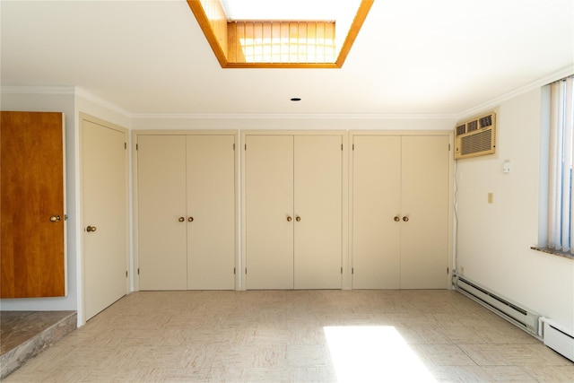 28-06 34th Ave, Astoria, NY 11106 - unfurnished bedroom featuring two closets, a wall unit AC, a baseboard heating unit, and ornamental molding