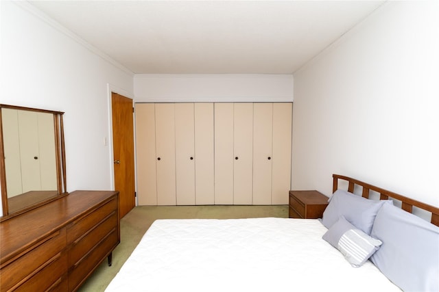 28-06 34th Ave, Astoria, NY 11106 - bedroom featuring light carpet, crown molding, and a closet