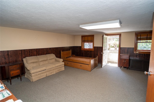 28-06 34th Ave, Astoria, NY 11106 - living area featuring a wainscoted wall, wood walls, a textured ceiling, carpet flooring, and radiator
