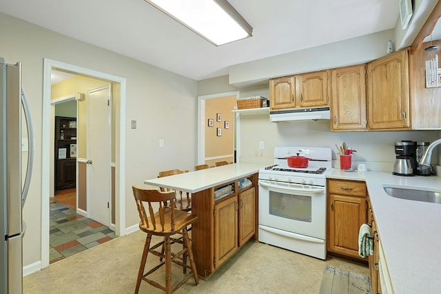 53 Prior Pl, Yonkers, NY 10710 - kitchen featuring gas range gas stove, under cabinet range hood, freestanding refrigerator, a peninsula, and a sink