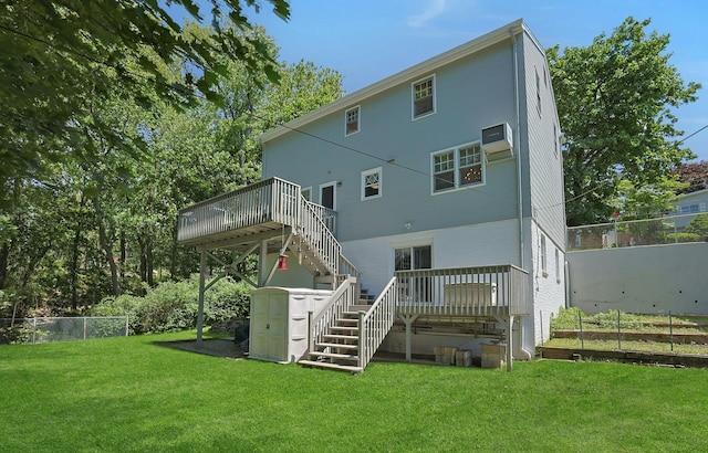 53 Prior Pl, Yonkers, NY 10710 - back of property with stairs, a wooden deck, and an AC wall unit