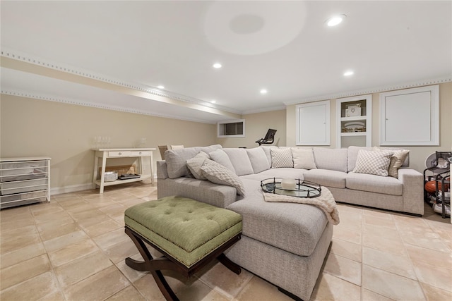 1229 Estates Ln Triplex, Unit Triplex, Bayside, NY 11360 - living room featuring ornamental molding, recessed lighting, light tile patterned flooring, and baseboards