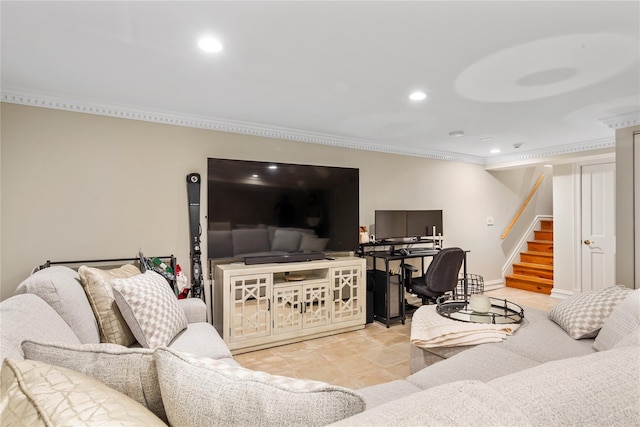 1229 Estates Ln Triplex, Unit Triplex, Bayside, NY 11360 - living room with ornamental molding, stairway, and recessed lighting