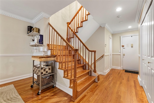 1229 Estates Ln Triplex, Unit Triplex, Bayside, NY 11360 - entrance foyer featuring crown molding, light wood-style floors, stairway, baseboards, and recessed lighting