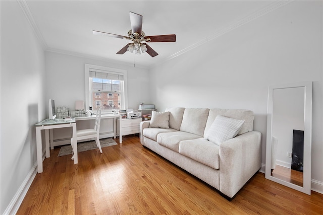 1229 Estates Ln Triplex, Unit Triplex, Bayside, NY 11360 - office area featuring crown molding, light wood-style floors, a ceiling fan, and baseboards
