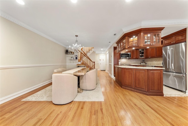 1229 Estates Ln Triplex, Unit Triplex, Bayside, NY 11360 - dining area with light wood-style floors, crown molding, stairs, baseboards, and a chandelier