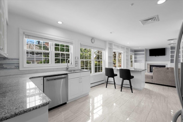 18 Stirrup Ln, Glen Cove, NY 11542 - kitchen with dishwasher, a sink, a glass covered fireplace, a baseboard heating unit, and light stone counters