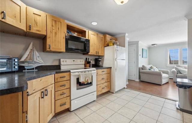 56 Yacht Club Rd, Babylon, NY 11702 - kitchen featuring white appliances, dark countertops, light tile patterned floors, open floor plan, and open shelves