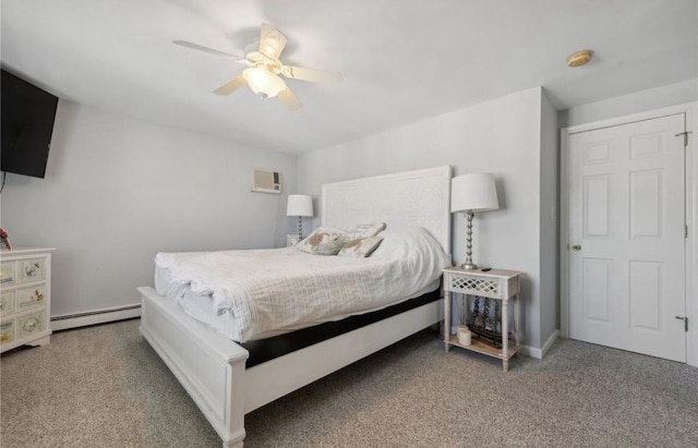 56 Yacht Club Rd, Babylon, NY 11702 - carpeted bedroom featuring a baseboard heating unit, a wall mounted air conditioner, and ceiling fan