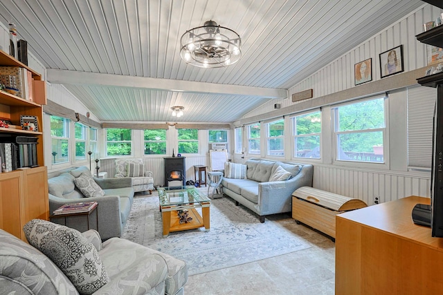 10 Cregan Pl, Monroe, NY 10950 - living room with a wood stove, wooden ceiling, and a chandelier