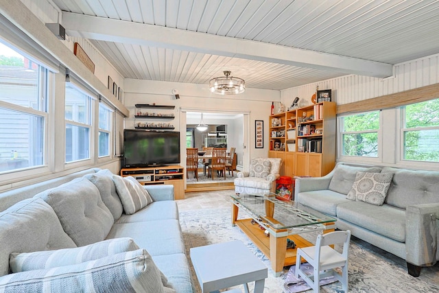 10 Cregan Pl, Monroe, NY 10950 - living area featuring a chandelier and wood ceiling with exposed beams