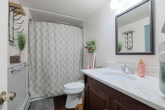 10 Cregan Pl, Monroe, NY 10950 - full bathroom featuring toilet, a baseboard radiator, vanity, and a shower with curtain