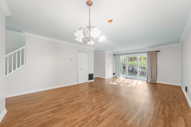 8 Moore Ln, Washingtonville, NY 10992 - unfurnished living room with a chandelier, light wood-type flooring, baseboards, crown molding, and stairway