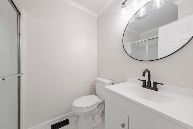 8 Moore Ln, Washingtonville, NY 10992 - full bathroom featuring toilet, vanity, marble finish floors, crown molding, and a shower with door