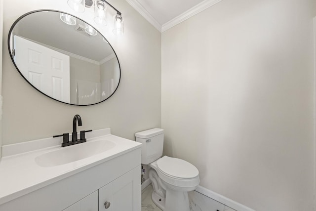 8 Moore Ln, Washingtonville, NY 10992 - bathroom with crown molding, marble look tiles, baseboards, toilet, and vanity