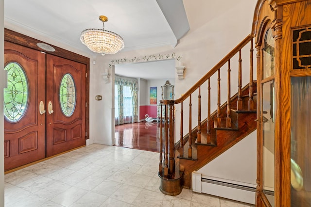 14 Battle Row, Old Bethpage, NY 11804 - foyer with stairs, a chandelier, a baseboard heating unit, and marble look tile flooring